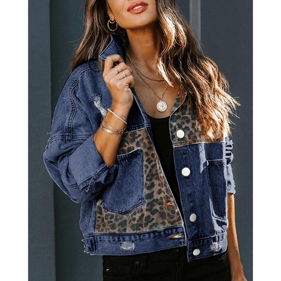 Women's Loose Button Down Cropped Denim Jacket Long Sleeves Cheetah Dark Blue - Picture 3 of 4